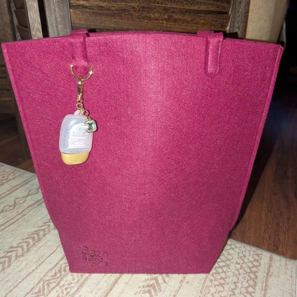 NWOT Bath & Body Works Burgundy felt tote bag with key charm